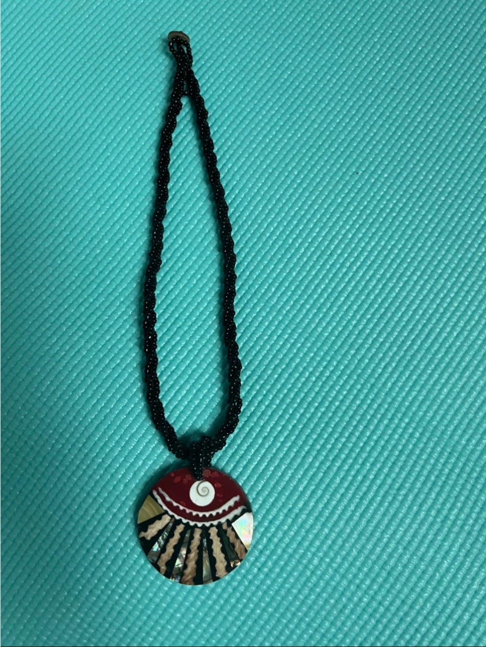 Handcrafted Black Cord Shell Necklace with Red and Multicolor Pendant